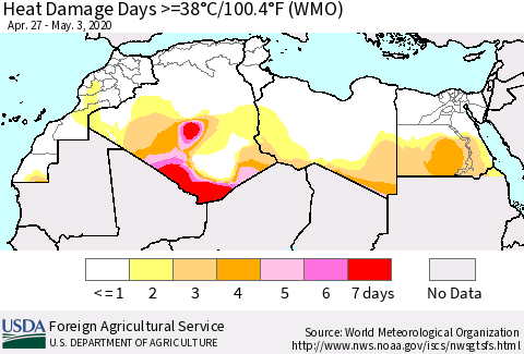 North Africa Heat Damage Days >=38°C/100°F (WMO) Thematic Map For 4/27/2020 - 5/3/2020