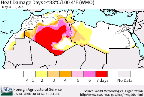 North Africa Heat Damage Days >=38°C/100°F (WMO) Thematic Map For 5/4/2020 - 5/10/2020