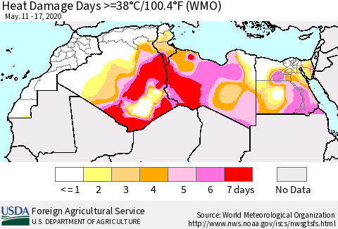 North Africa Heat Damage Days >=38°C/100°F (WMO) Thematic Map For 5/11/2020 - 5/17/2020