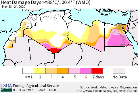 North Africa Heat Damage Days >=38°C/100°F (WMO) Thematic Map For 5/18/2020 - 5/24/2020