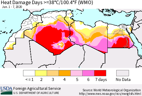 North Africa Heat Damage Days >=38°C/100°F (WMO) Thematic Map For 6/1/2020 - 6/7/2020