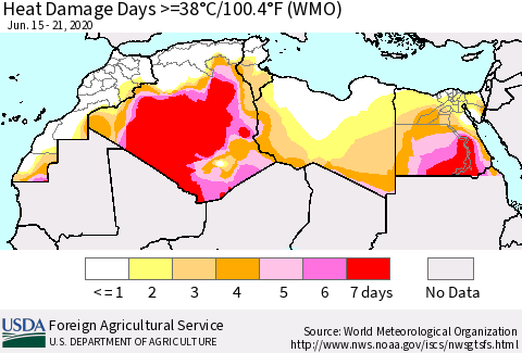 North Africa Heat Damage Days >=38°C/100°F (WMO) Thematic Map For 6/15/2020 - 6/21/2020