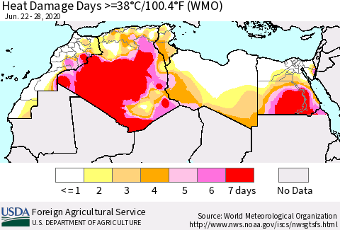 North Africa Heat Damage Days >=38°C/100°F (WMO) Thematic Map For 6/22/2020 - 6/28/2020
