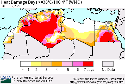 North Africa Heat Damage Days >=38°C/100°F (WMO) Thematic Map For 7/6/2020 - 7/12/2020