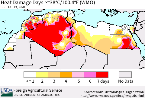 North Africa Heat Damage Days >=38°C/100°F (WMO) Thematic Map For 7/13/2020 - 7/19/2020