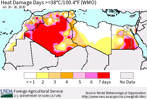 North Africa Heat Damage Days >=38°C/100°F (WMO) Thematic Map For 7/20/2020 - 7/26/2020
