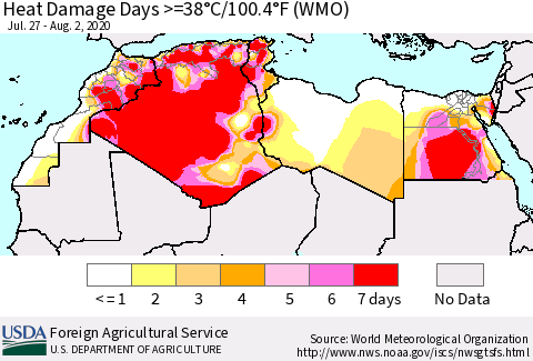 North Africa Heat Damage Days >=38°C/100°F (WMO) Thematic Map For 7/27/2020 - 8/2/2020