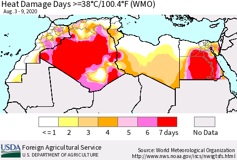 North Africa Heat Damage Days >=38°C/100°F (WMO) Thematic Map For 8/3/2020 - 8/9/2020