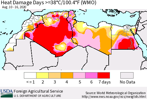 North Africa Heat Damage Days >=38°C/100°F (WMO) Thematic Map For 8/10/2020 - 8/16/2020