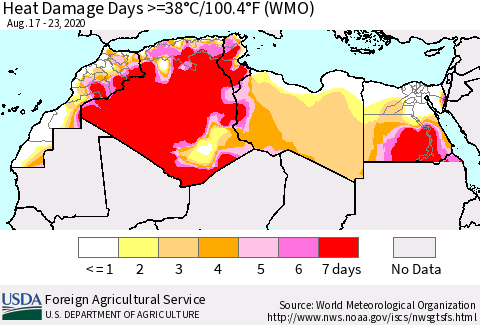 North Africa Heat Damage Days >=38°C/100°F (WMO) Thematic Map For 8/17/2020 - 8/23/2020