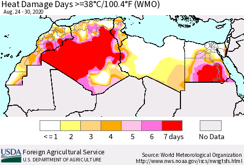 North Africa Heat Damage Days >=38°C/100°F (WMO) Thematic Map For 8/24/2020 - 8/30/2020