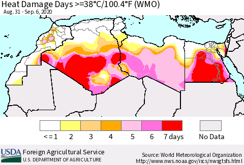 North Africa Heat Damage Days >=38°C/100°F (WMO) Thematic Map For 8/31/2020 - 9/6/2020