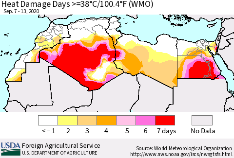North Africa Heat Damage Days >=38°C/100°F (WMO) Thematic Map For 9/7/2020 - 9/13/2020