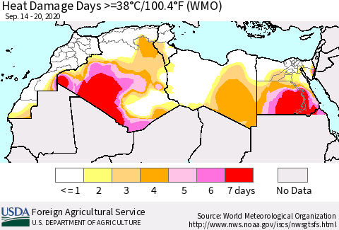 North Africa Heat Damage Days >=38°C/100°F (WMO) Thematic Map For 9/14/2020 - 9/20/2020