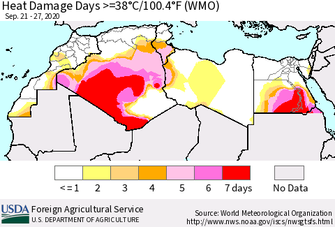 North Africa Heat Damage Days >=38°C/100°F (WMO) Thematic Map For 9/21/2020 - 9/27/2020