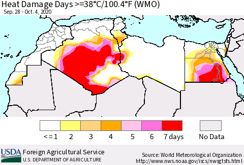 North Africa Heat Damage Days >=38°C/100°F (WMO) Thematic Map For 9/28/2020 - 10/4/2020