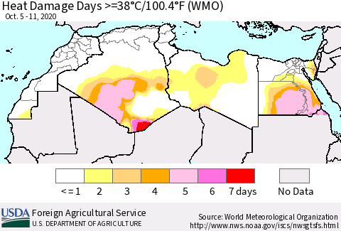 North Africa Heat Damage Days >=38°C/100°F (WMO) Thematic Map For 10/5/2020 - 10/11/2020