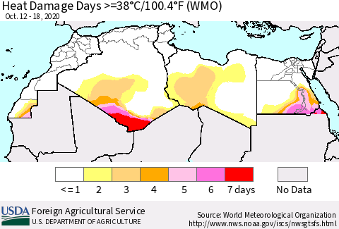 North Africa Heat Damage Days >=38°C/100°F (WMO) Thematic Map For 10/12/2020 - 10/18/2020