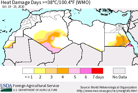 North Africa Heat Damage Days >=38°C/100°F (WMO) Thematic Map For 10/19/2020 - 10/25/2020