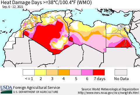 North Africa Heat Damage Days >=38°C/100°F (WMO) Thematic Map For 9/6/2021 - 9/12/2021
