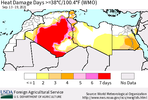 North Africa Heat Damage Days >=38°C/100°F (WMO) Thematic Map For 9/13/2021 - 9/19/2021