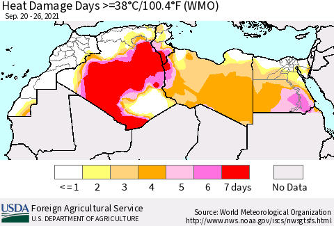 North Africa Heat Damage Days >=38°C/100°F (WMO) Thematic Map For 9/20/2021 - 9/26/2021