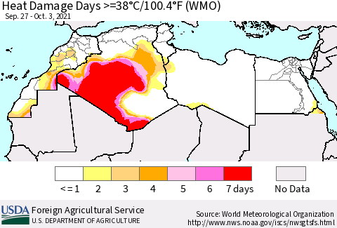 North Africa Heat Damage Days >=38°C/100°F (WMO) Thematic Map For 9/27/2021 - 10/3/2021