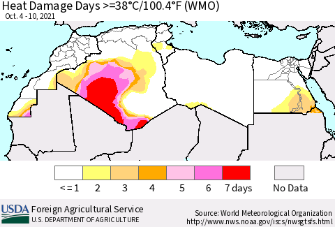 North Africa Heat Damage Days >=38°C/100°F (WMO) Thematic Map For 10/4/2021 - 10/10/2021