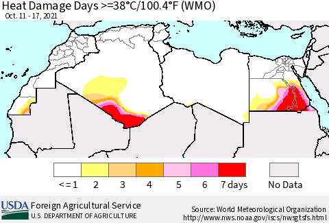 North Africa Heat Damage Days >=38°C/100°F (WMO) Thematic Map For 10/11/2021 - 10/17/2021