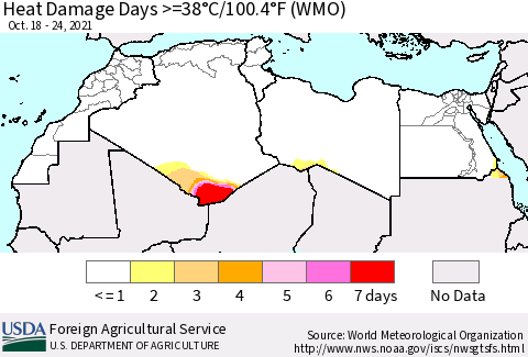 North Africa Heat Damage Days >=38°C/100°F (WMO) Thematic Map For 10/18/2021 - 10/24/2021