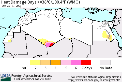 North Africa Heat Damage Days >=38°C/100°F (WMO) Thematic Map For 10/25/2021 - 10/31/2021