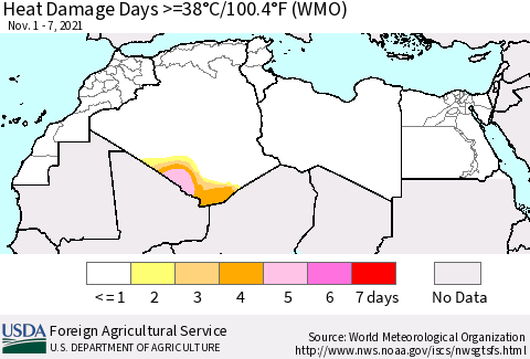 North Africa Heat Damage Days >=38°C/100°F (WMO) Thematic Map For 11/1/2021 - 11/7/2021