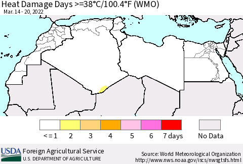 North Africa Heat Damage Days >=38°C/100°F (WMO) Thematic Map For 3/14/2022 - 3/20/2022
