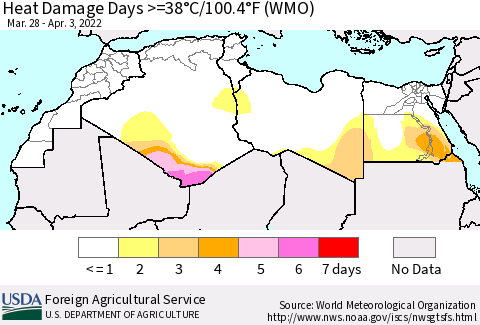 North Africa Heat Damage Days >=38°C/100°F (WMO) Thematic Map For 3/28/2022 - 4/3/2022