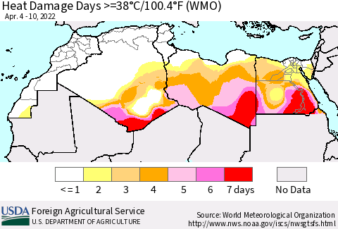 North Africa Heat Damage Days >=38°C/100°F (WMO) Thematic Map For 4/4/2022 - 4/10/2022