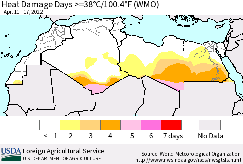 North Africa Heat Damage Days >=38°C/100°F (WMO) Thematic Map For 4/11/2022 - 4/17/2022