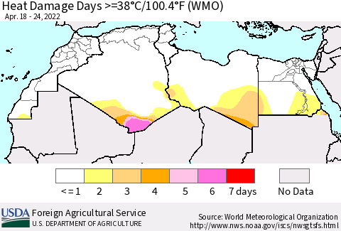 North Africa Heat Damage Days >=38°C/100°F (WMO) Thematic Map For 4/18/2022 - 4/24/2022