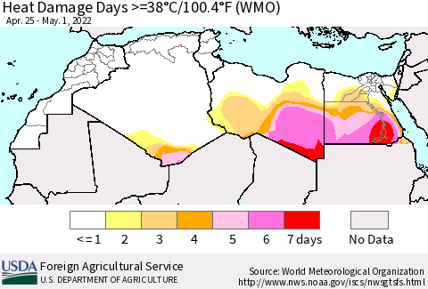 North Africa Heat Damage Days >=38°C/100°F (WMO) Thematic Map For 4/25/2022 - 5/1/2022