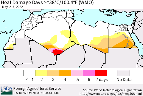 North Africa Heat Damage Days >=38°C/100°F (WMO) Thematic Map For 5/2/2022 - 5/8/2022