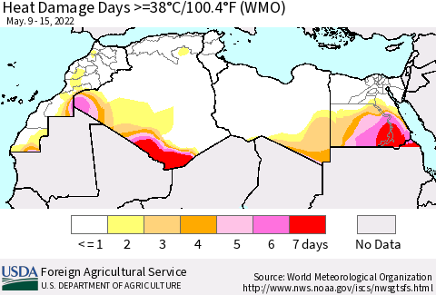 North Africa Heat Damage Days >=38°C/100°F (WMO) Thematic Map For 5/9/2022 - 5/15/2022
