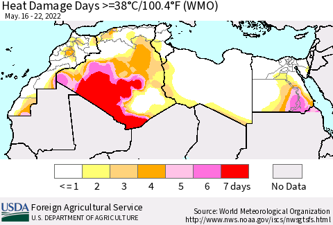 North Africa Heat Damage Days >=38°C/100°F (WMO) Thematic Map For 5/16/2022 - 5/22/2022