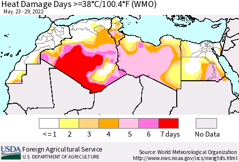 North Africa Heat Damage Days >=38°C/100°F (WMO) Thematic Map For 5/23/2022 - 5/29/2022