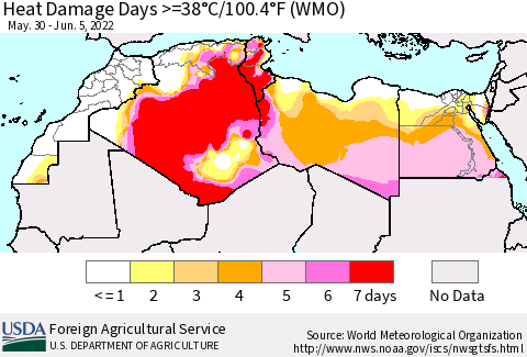 North Africa Heat Damage Days >=38°C/100°F (WMO) Thematic Map For 5/30/2022 - 6/5/2022