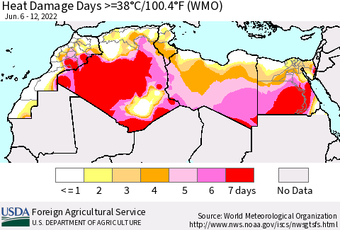 North Africa Heat Damage Days >=38°C/100°F (WMO) Thematic Map For 6/6/2022 - 6/12/2022