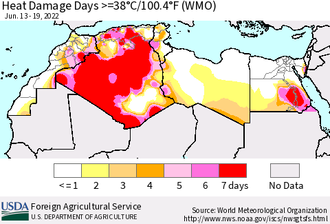 North Africa Heat Damage Days >=38°C/100°F (WMO) Thematic Map For 6/13/2022 - 6/19/2022