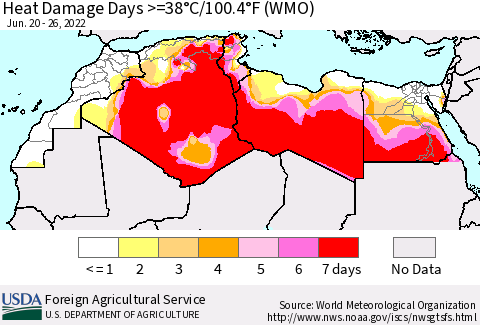 North Africa Heat Damage Days >=38°C/100°F (WMO) Thematic Map For 6/20/2022 - 6/26/2022