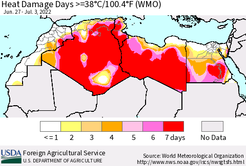 North Africa Heat Damage Days >=38°C/100°F (WMO) Thematic Map For 6/27/2022 - 7/3/2022