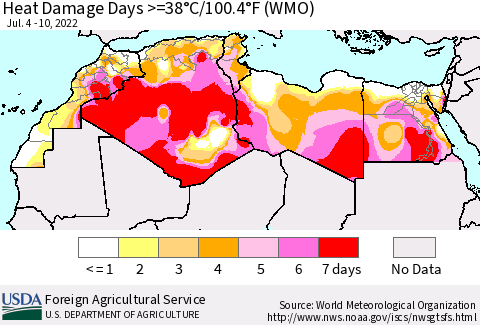 North Africa Heat Damage Days >=38°C/100°F (WMO) Thematic Map For 7/4/2022 - 7/10/2022