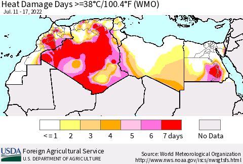 North Africa Heat Damage Days >=38°C/100°F (WMO) Thematic Map For 7/11/2022 - 7/17/2022