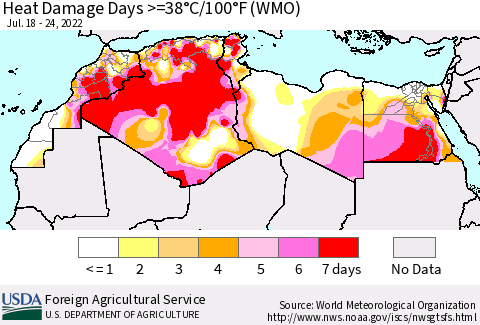 North Africa Heat Damage Days >=38°C/100°F (WMO) Thematic Map For 7/18/2022 - 7/24/2022